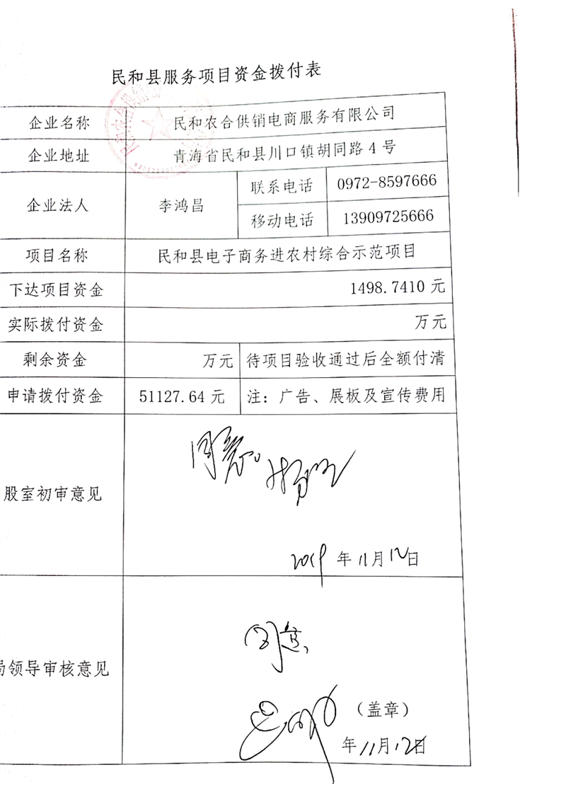 民和县电子商务进农村综合示范项目专项资金拨付凭证